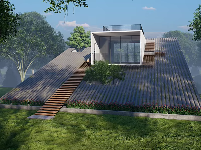 Modern Detached Villa With Sloped Wooden Roof Staircase Large Windows And Green Lawn Surroundings 3d model