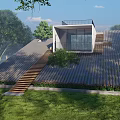 Modern Detached Villa With Sloped Wooden Roof Staircase Large Windows And Green Lawn Surroundings