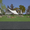 Scenic Camping Site With Teepee Tents Green Grass Fire Pit And String Lights 3d model