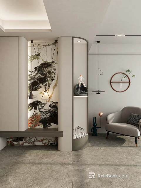 Modern Entryway Hallway Interior With Large Ink Painting Pendant Light Circular Mirror And Green Plant 3d model 