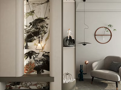 Modern Entryway Hallway Interior With Large Ink Painting Pendant Light Circular Mirror And Green Plant 3d model