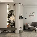Modern Entryway Hallway Interior With Large Ink Painting Pendant Light Circular Mirror And Green Plant