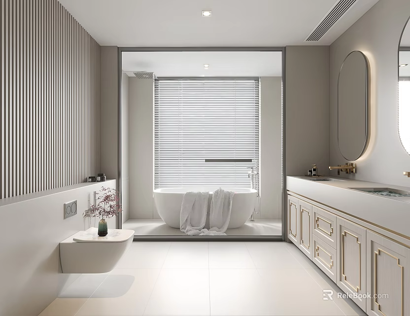 Modern Bathroom Interior Design With Bathtub Towel Vanity Mirror And Striped Walls 3d model 