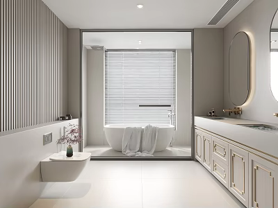 Modern Bathroom Interior Design With Bathtub Towel Vanity Mirror And Striped Walls 3d model