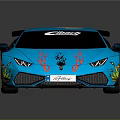 Blue Sports Car With Colorful Graffiti Stickers And Rear Spoiler Design