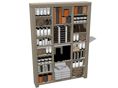 Essential Bathroom Accessories Organized On Multi Tiered Shelving Unit With Jars And Towels 3d model