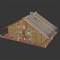 Wooden Log Cabin Building With Log Structure Solar Panel Roof And Front Porch With Railings