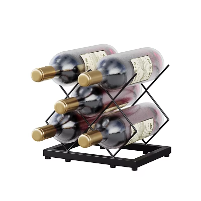 Black Metal Wine Rack With Diamond Design Holding Four Wine Bottles And Golden Caps 3d model