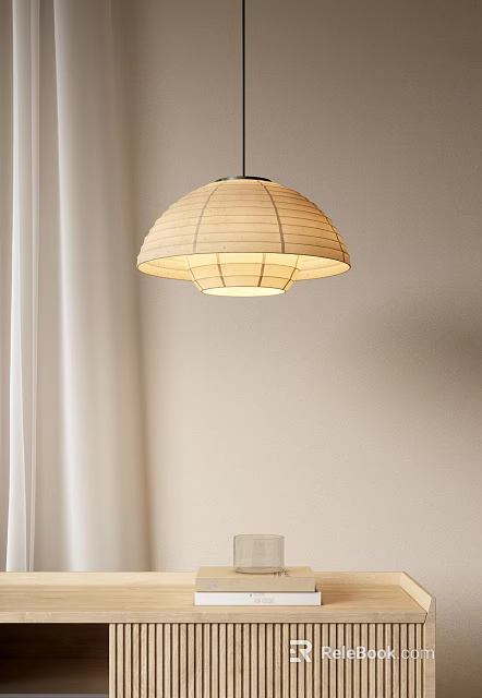 Minimalist Japanese Paper Pendant Light Design Hanging In Soft Interior With White Curtain 3d model 