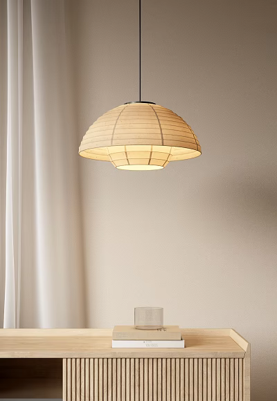 Minimalist Japanese Paper Pendant Light Design Hanging In Soft Interior With White Curtain 3d model