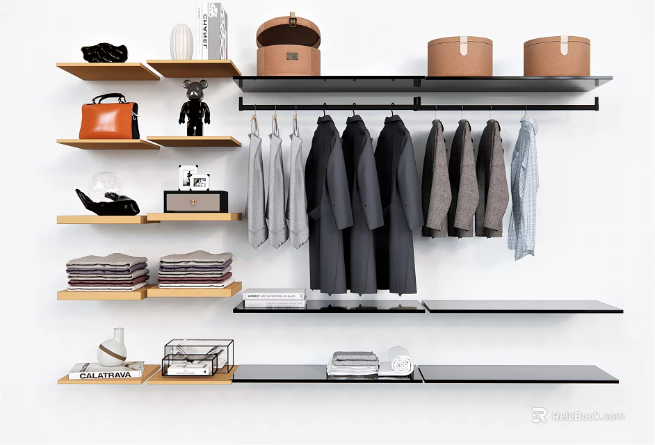 Modern Hangers With Hanging Coats Shirts Folded Clothes And Storage Boxes On Wall Shelves 3d model 