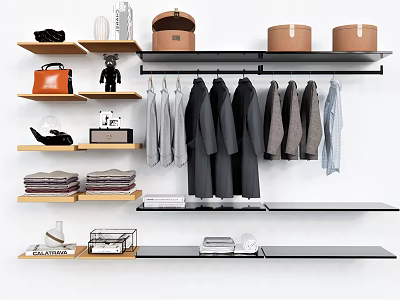 Modern Hangers With Hanging Coats Shirts Folded Clothes And Storage Boxes On Wall Shelves 3d model