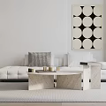 Modern White Sofa Coffee Table Set with Checkered Pillows Marble Top and Circular Art 3d model