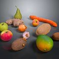 Fresh Assorted Fruits On Dark Background Including Apple Pear Mango And Pomegranate