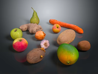 Fresh Assorted Fruits On Dark Background Including Apple Pear Mango And Pomegranate 3d model
