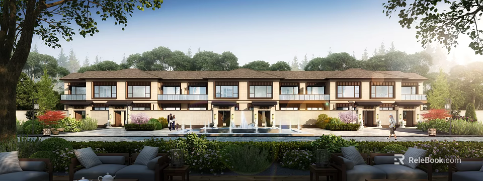 Townhouses With Fountain Landscape And Outdoor Lounge Area 3d model 