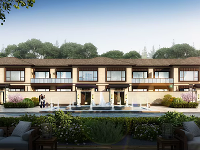 Townhouses With Fountain Landscape And Outdoor Lounge Area 3d model