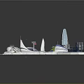 Modern Amusement Rides in Theme Park Layout with Tower Structures Circular Buildings and Green Areas