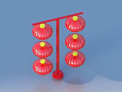 Household Decorative Six Red Lanterns on Red Stand with Yellow Tops 3d model
