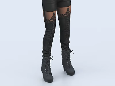Black Thigh High Boots With Lace Details And Lace Up Design 3d model
