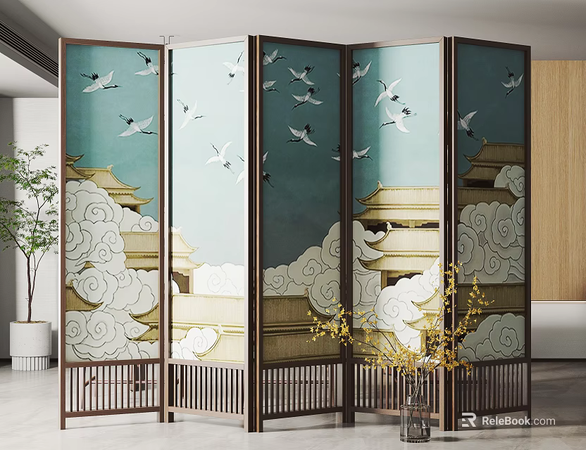 Traditional Chinese Style Room Divider With Crane Cloud And Architecture Patterns 3d model