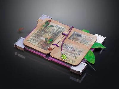 Vintage Open Book Magazine With Decorative String Green Leaves And Illustrated Pages 3d model