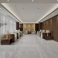 Modern Office Interior Design With Spacious Layout Marble Floor Wooden Walls And Green Plants