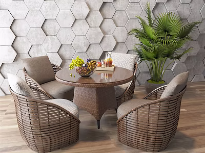 Wicker Outdoor Sofa Set With Round Table Green Plant Hexagon Pattern Wall And Wooden Floor 3d model