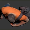 Man Wearing Orange T-shirt Blue Jeans Gray Shoes With Black Backpack Standing Against Gray Background