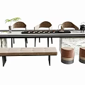 Modern Tea Table And Chairs With Bench Stools Tea Set Plant And Marble Tabletop 3d model