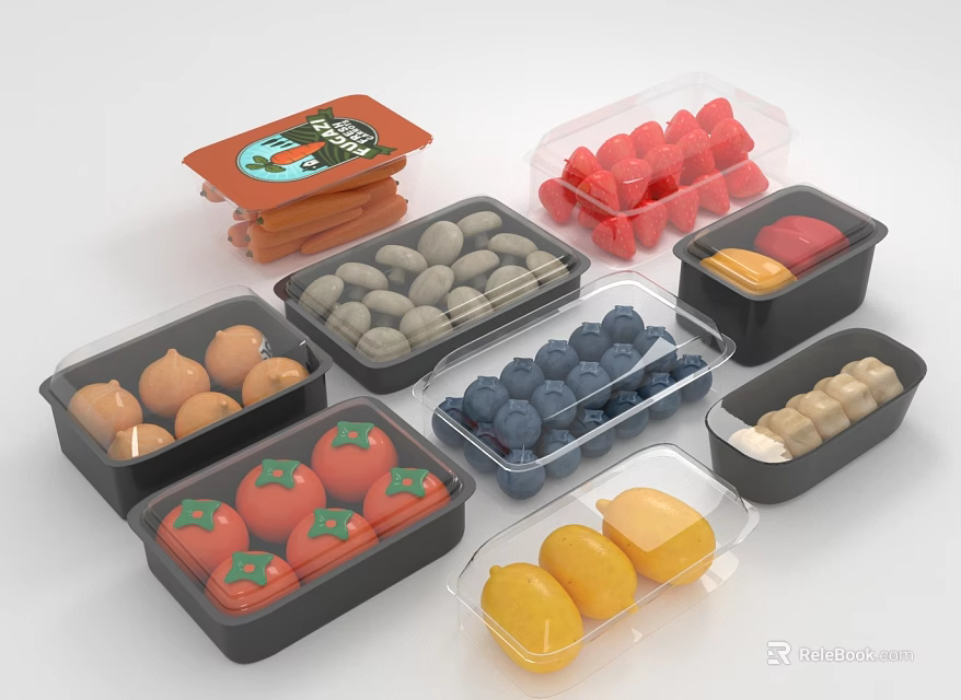 Assorted Fresh Fruits in Transparent Plastic Containers With Strawberries Blueberries Lemons and Oranges 3d model 