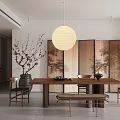 Elegant Modern Restaurant Interior With Wooden Dining Table Pendant Light And Screen Plants