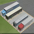 Parking Lot With Multiple Trucks Buses Green Lawn And Marked Spaces
