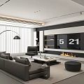 Modern Living Room Interior With Gray Sofa Black Armchair Floor Lamp TV Wall And Fireplace