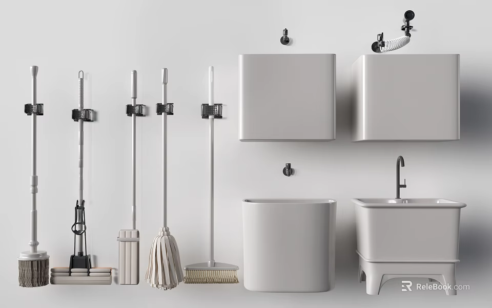 Modern Bathroom Set with Wall Mounted Cabinet Washbasin and Cleaning Tools 3d model 