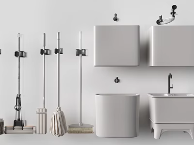 Modern Bathroom Set with Wall Mounted Cabinet Washbasin and Cleaning Tools 3d model