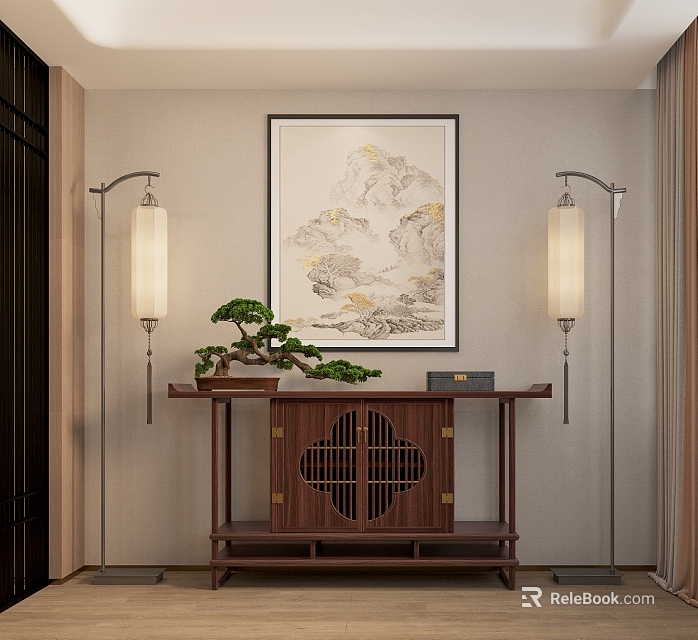 Chinese Style Wooden Console Cabinet With Floor Lamps Potted Plant And Decorative Art 3d model 