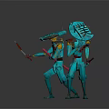 Two Teal Humanoid Creatures With Antennae Holding Swords And Shields In Combat Stance