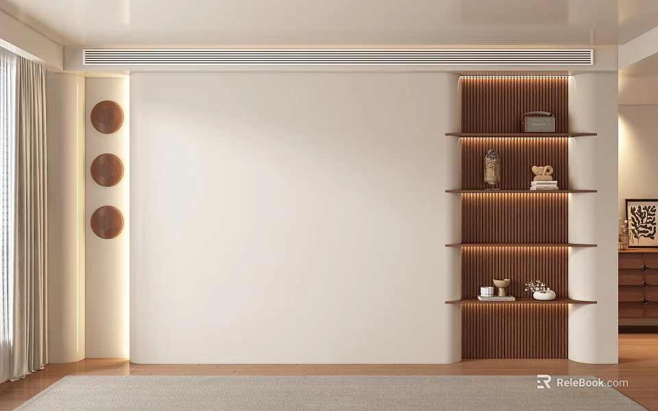 Modern Sofa Background Wall With Wooden Shelves Circular Decor And Warm Lighting 3d model 