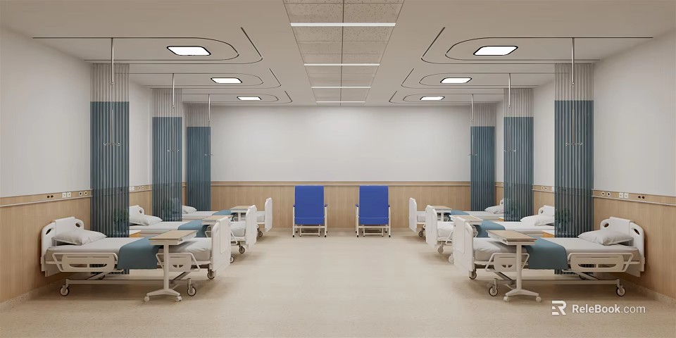 Modern Hospital Ward Interior With Medical Beds Blue Chairs And Equipment 3d model 