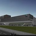 Aerial Planning of Modern Glass Facade Building With Green Lawn Road Pedestrians and Vehicles
