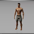 Muscular Shirtless Male Character Standing in Gray Shorts on Gray Background