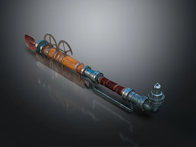 Steampunk Style Weapon With Wooden Handle Metal Gears And Red Blade Design 3d model