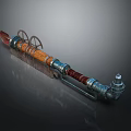Steampunk Style Weapon With Wooden Handle Metal Gears And Red Blade Design
