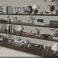 Stylish Decorative Ornament Set with Table Lamps Vases Books and Vinyl Records on Shelves