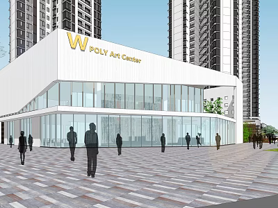 Modern POLY Art Center Building With Glass Facade And Surrounding Tall Towers 3d model