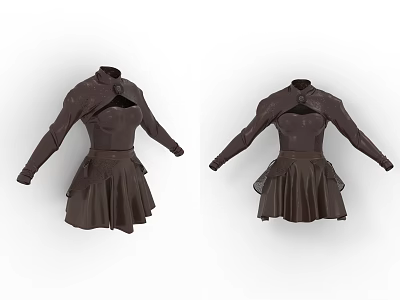 Brown Long Sleeve Dress With High Neck Ruffled Skirt And Fitted Waist Design 3d model