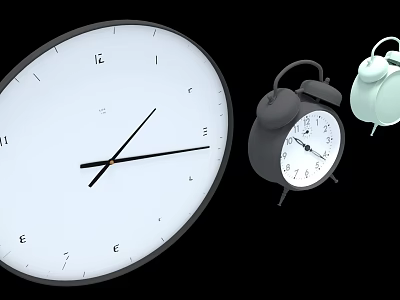 Modern Wall Clock And Alarm Clocks With Black Frames And White Dials 3d model