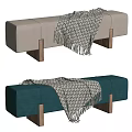 Upholstered Bench With Beige Teal Fabric Wooden Legs And Patterned Blanket