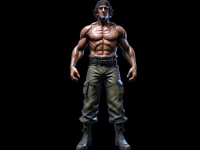 Muscular Shirtless Man In Green Cargo Pants And Boots Against Black Background 3d model
